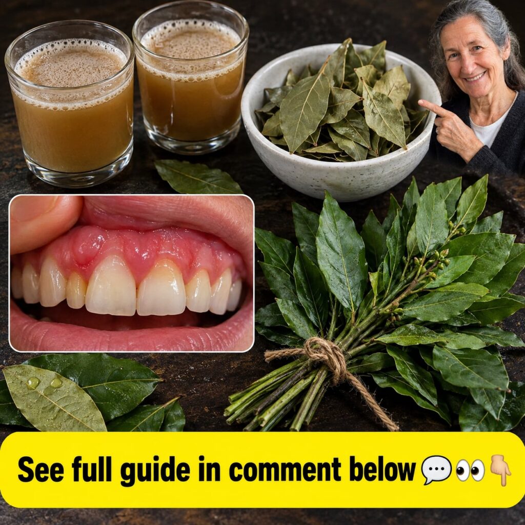 A collage showing bay leaves fresh and dried a finished bay leaf tea an inset of inflamed gums and an older woman pointi