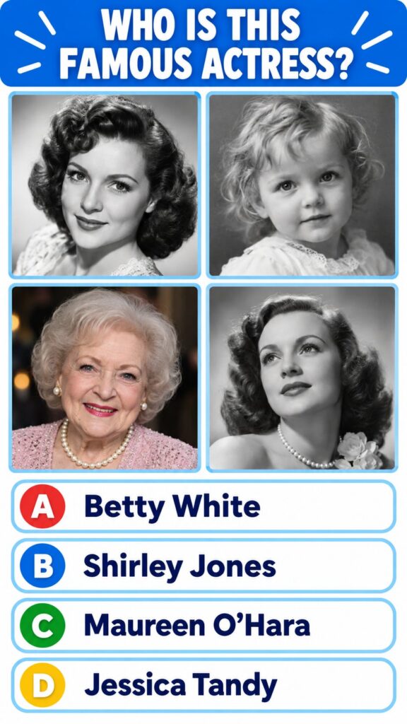 A multiple-choice quiz image asking WHO IS THIS FAMOUS ACTRESS It shows four different portrait photos of actresses and