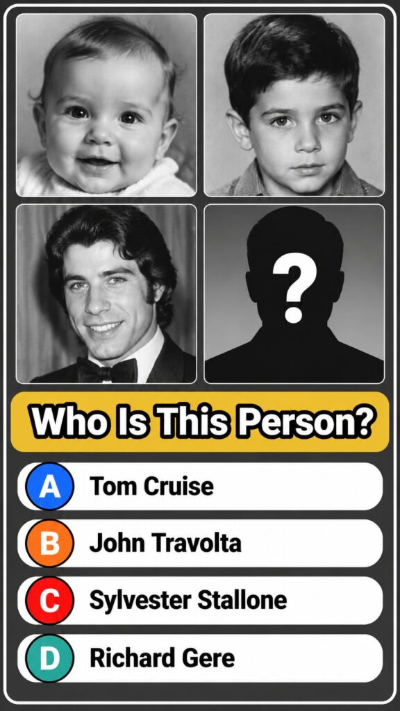 A multi-panel quiz image showing stages of John Travolta s life from baby to adult with a question mark silhouette and m