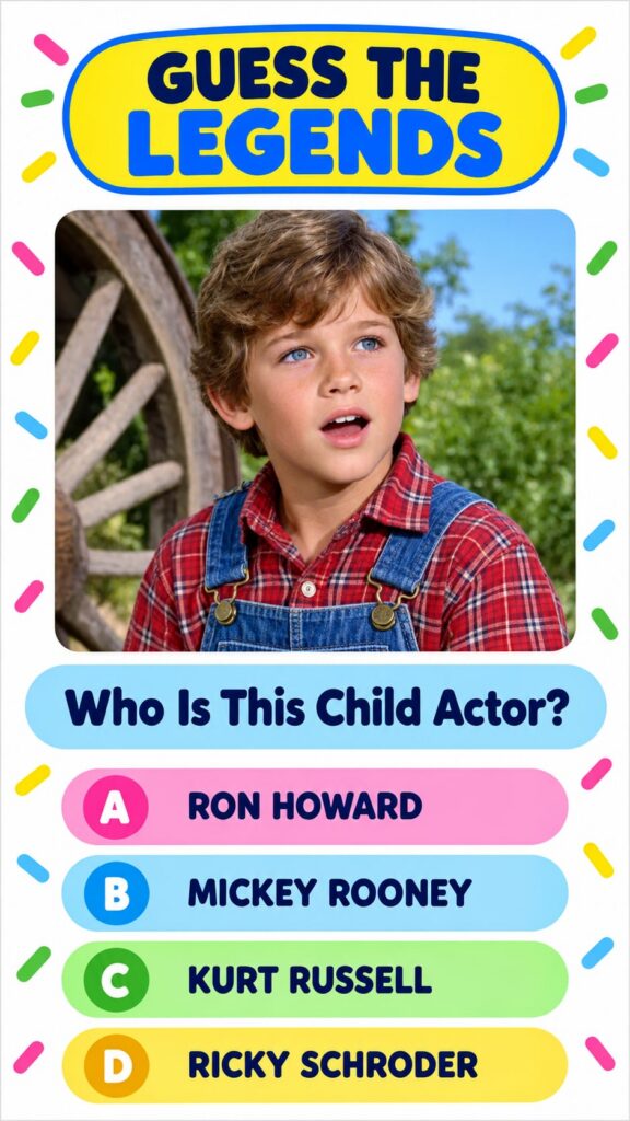 A quiz image showing a young blue-eyed boy in a red plaid shirt and blue denim overalls with a wagon wheel and foliage i