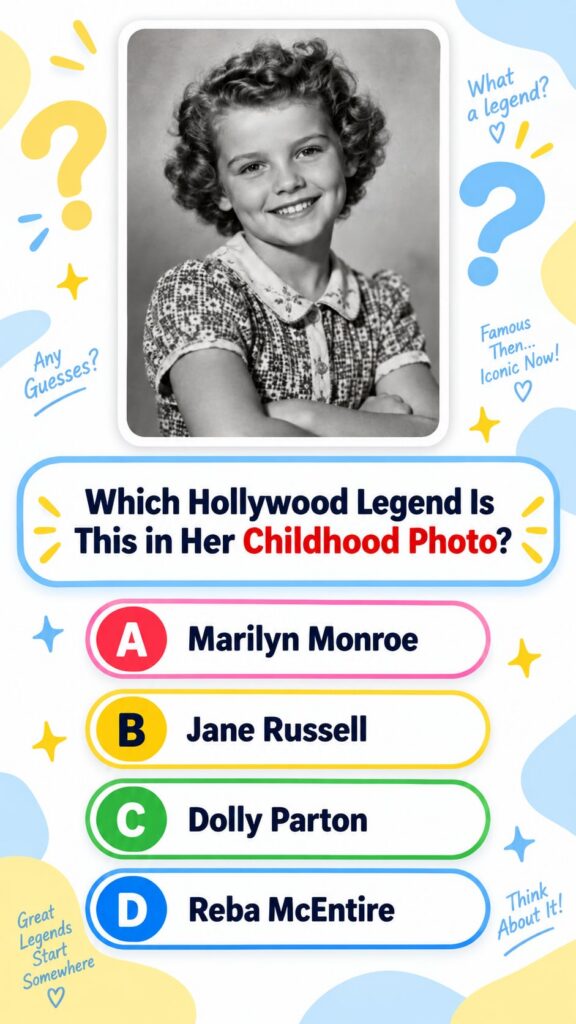 A black and white childhood photo of a young Dolly Parton with multiple choice quiz options below it as described in the