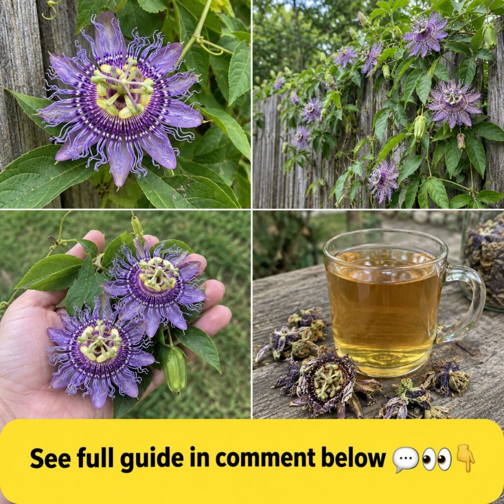 A four-panel collage featuring passion flowers Top-left close-up of a purple passion flower Top-right passion flower vin