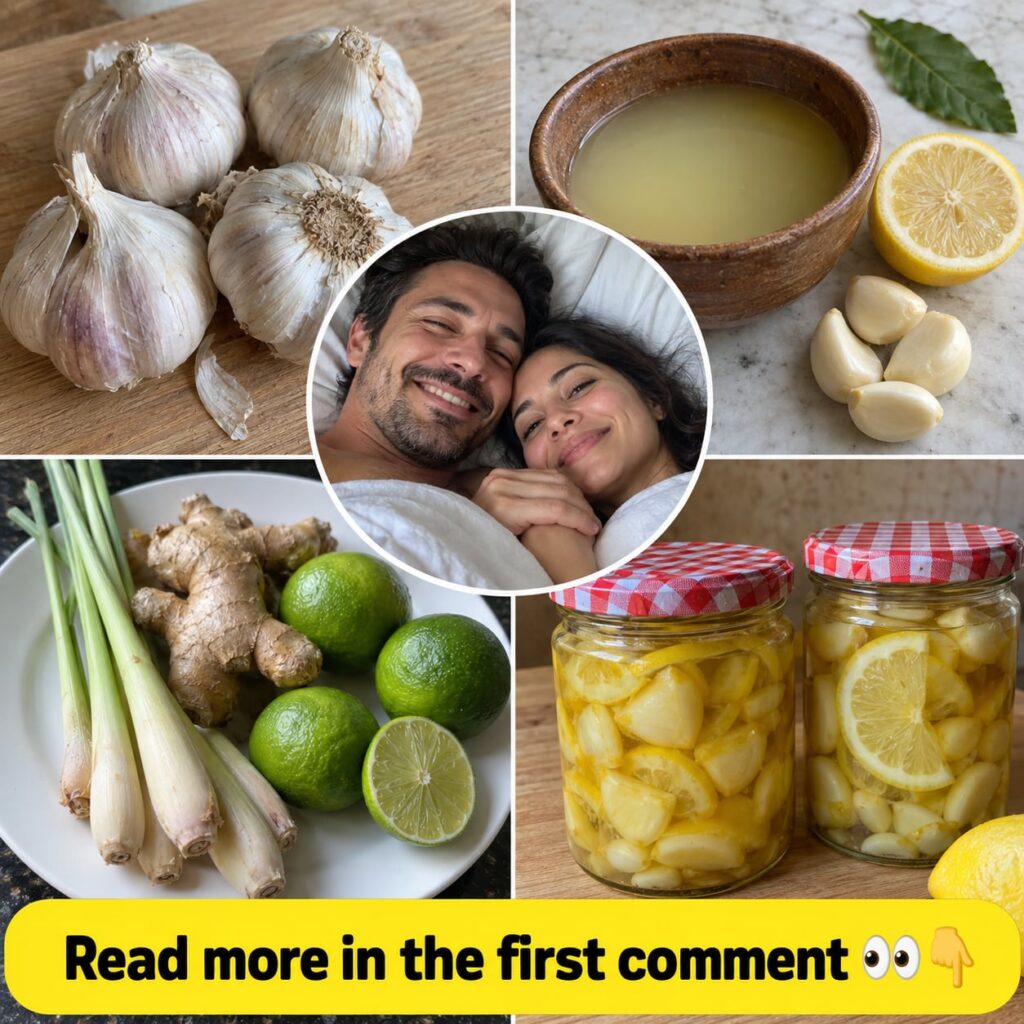A collage of fresh garlic bulbs whole and sliced lemons and ginger roots along with a jar containing a prepared tonic mi