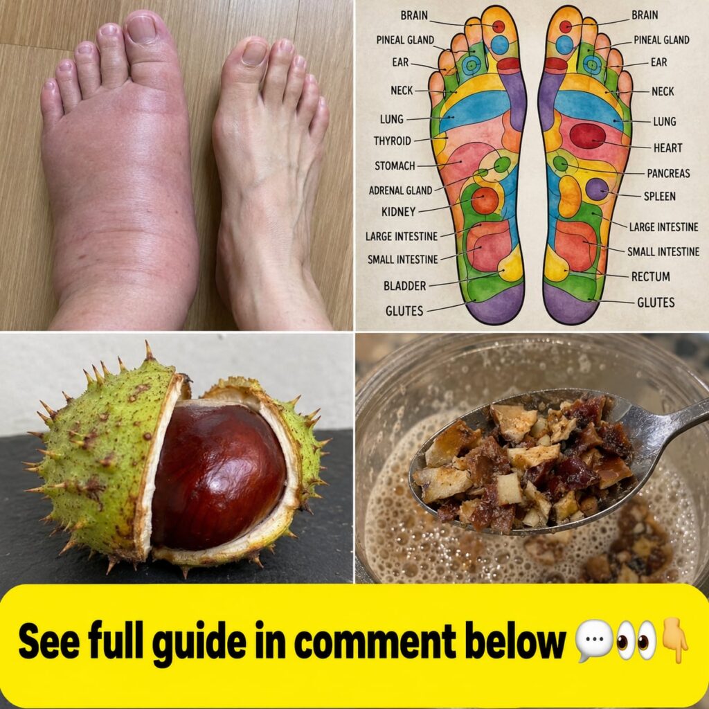 A prominent image showing a severely swollen reddish foot next to a normal foot for comparison highlighting the problem 