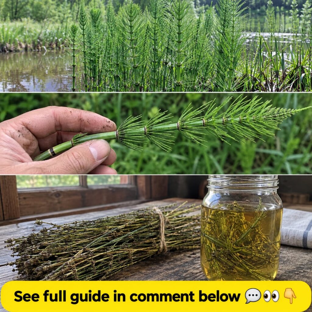 A vertical collage showing lush horsetail plants in nature a hand holding a fresh horsetail stalk and dried horsetail wi