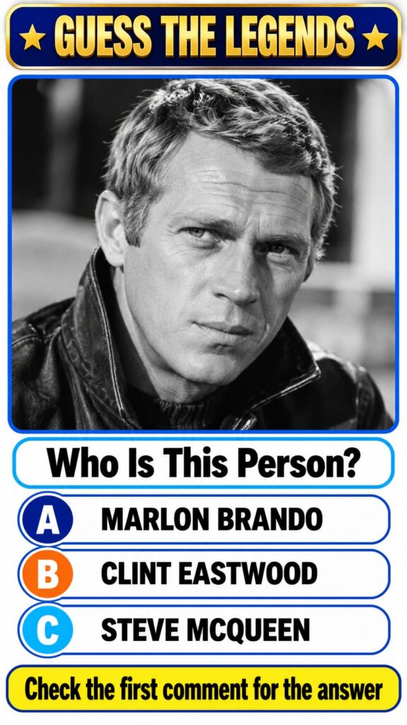 A black-and-white high-contrast portrait of Steve McQueen from the quiz image showing his iconic intense gaze
