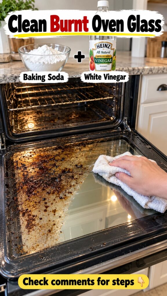 A person s hand cleaning the interior glass of an oven door with a white cloth showing a clean streak next to burnt-on r