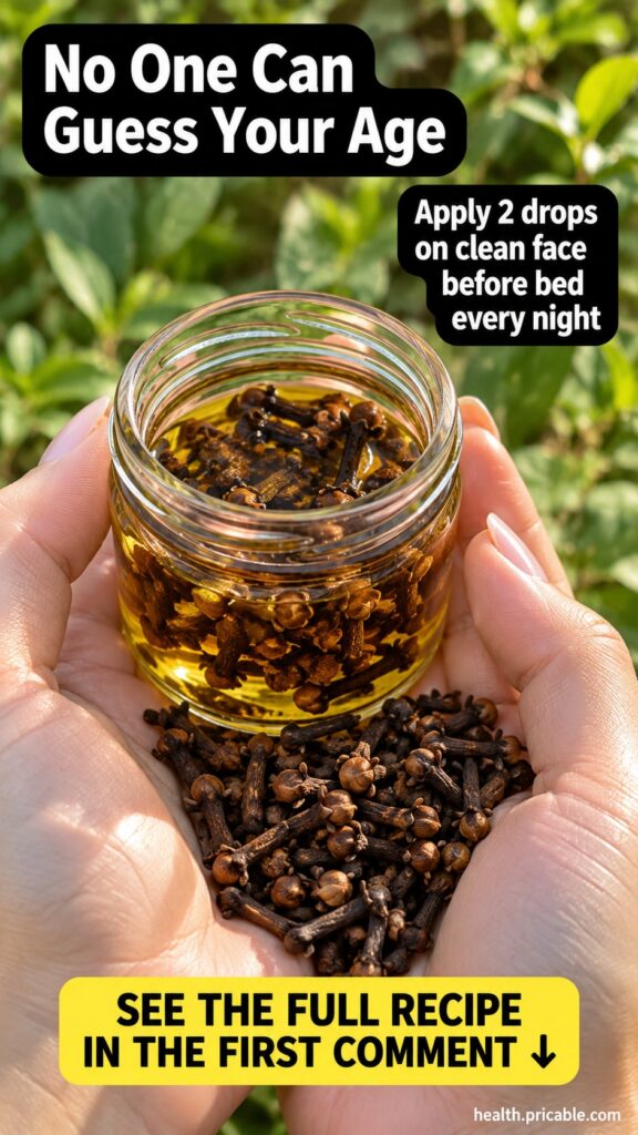 A clear glass jar filled with yellow oil and dried cloves held by hands with additional cloves in a cupped palm against 