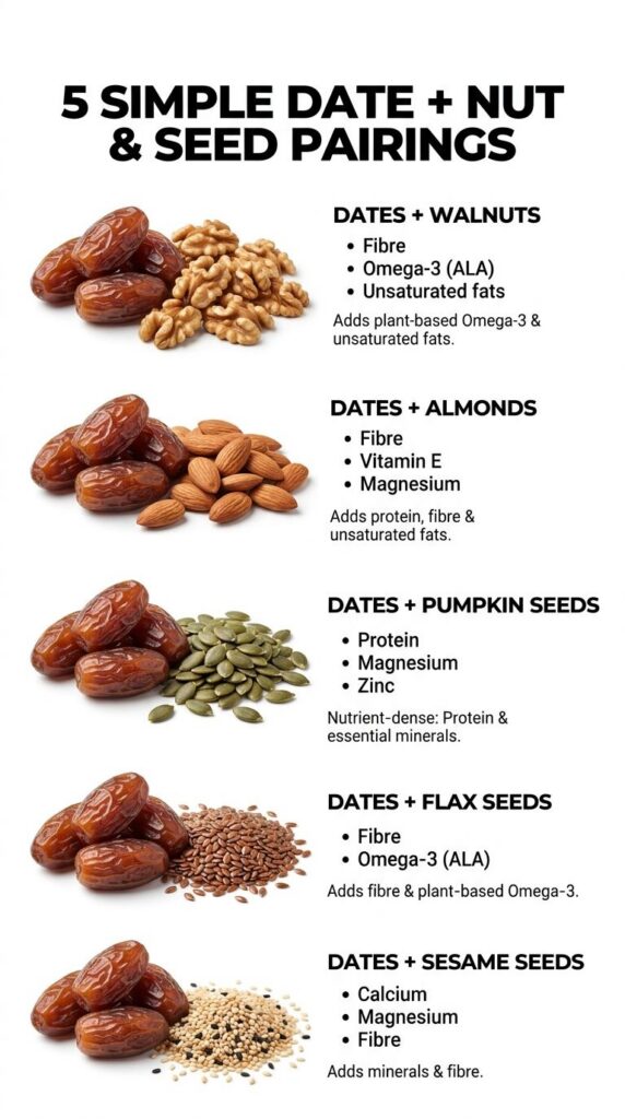 A visual representation of five different date nut and seed pairings arranged in a grid with each combination clearly sh