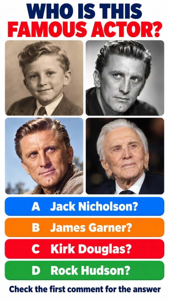A social media quiz image with the question Who is this famous actor featuring a 2x2 grid of portraits of Kirk Douglas a