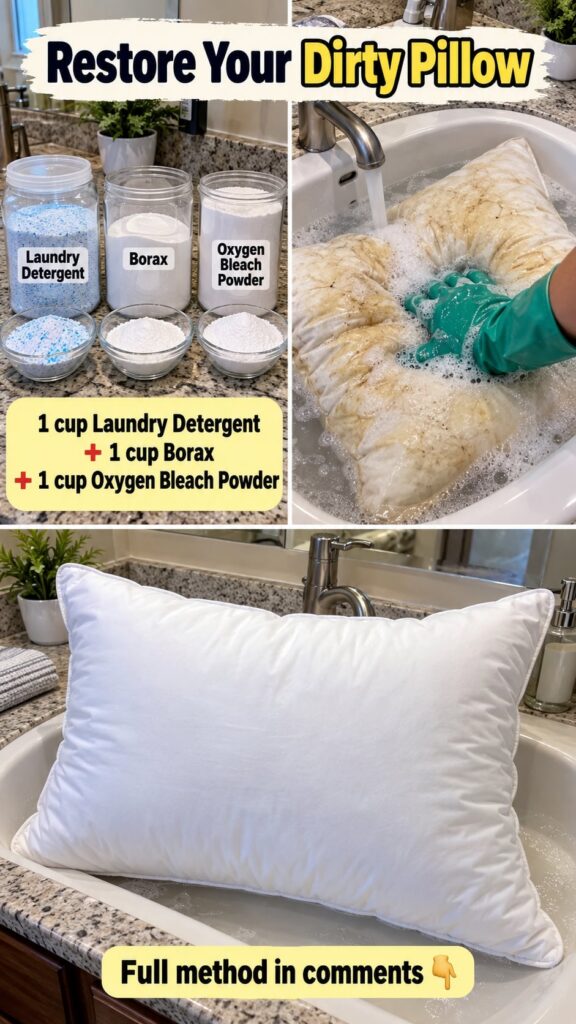 A heavily stained off-white pillow in a clean white sink with a green gloved hand partially visible ready for cleaning