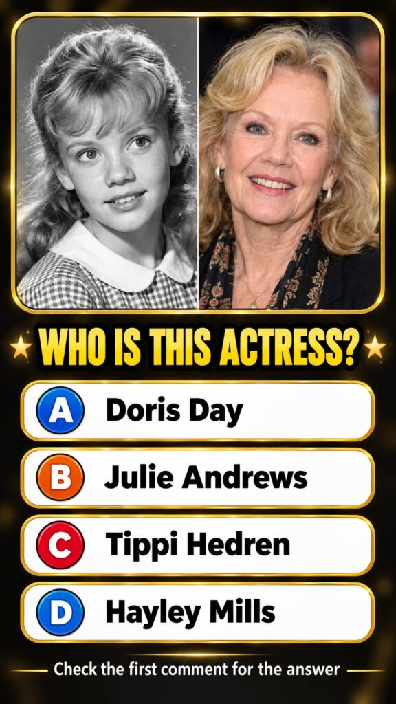 A quiz card showing a split-panel portrait of Elizabeth Taylor as a young girl in black and white on the left and as an 