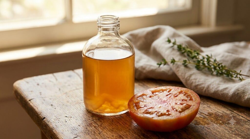 A close-up of a small glass bottle of apple cider vinegar with a slice of tomato next to it on a rustic wooden table emp