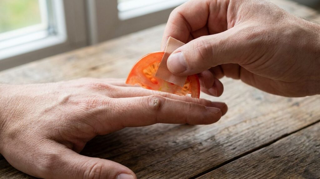 A hand carefully applying a thin slice of tomato secured with a small piece of medical tape onto a common wart on a fing