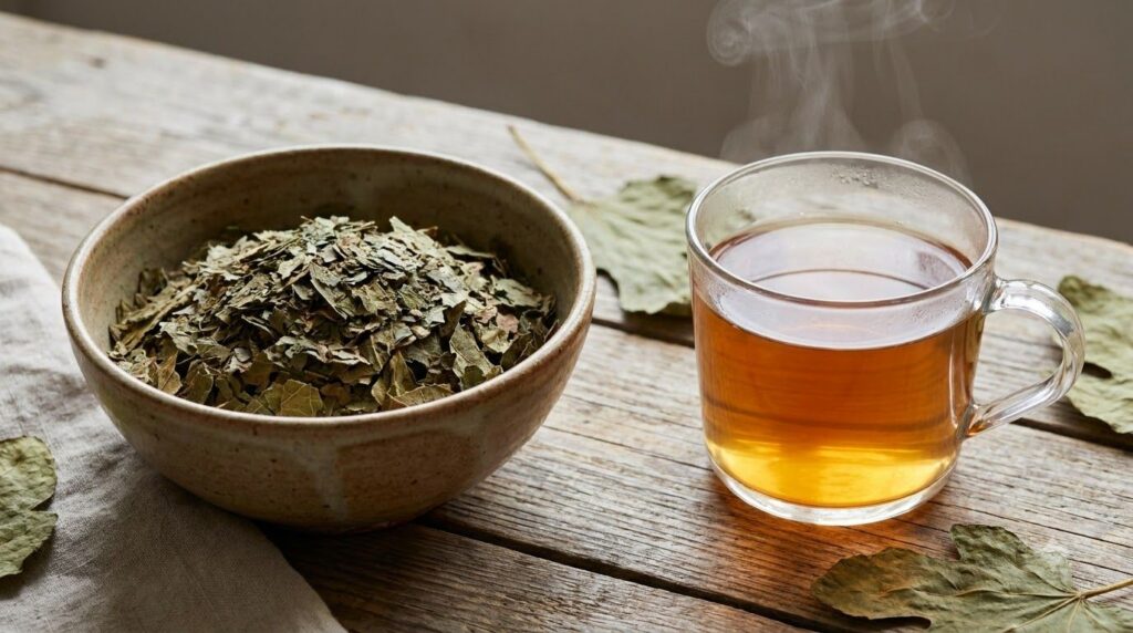 A bowl of dried crumbled fig leaves next to a cup of freshly brewed fig leaf tea
