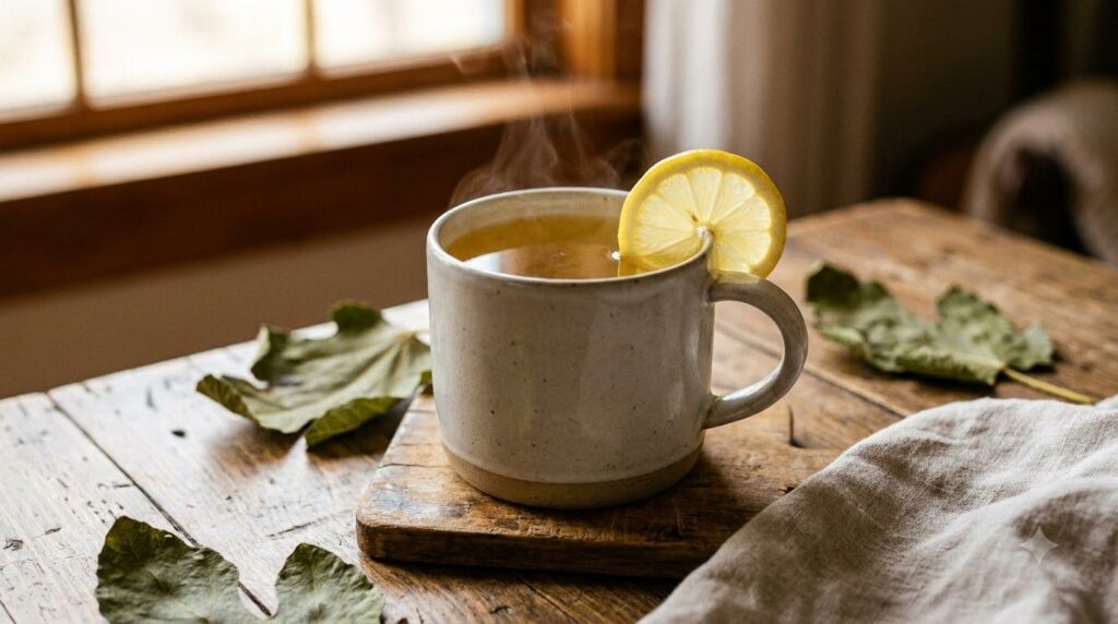 A warm cup of fig leaf tea with a slice of lemon on the rim on a wooden coaster