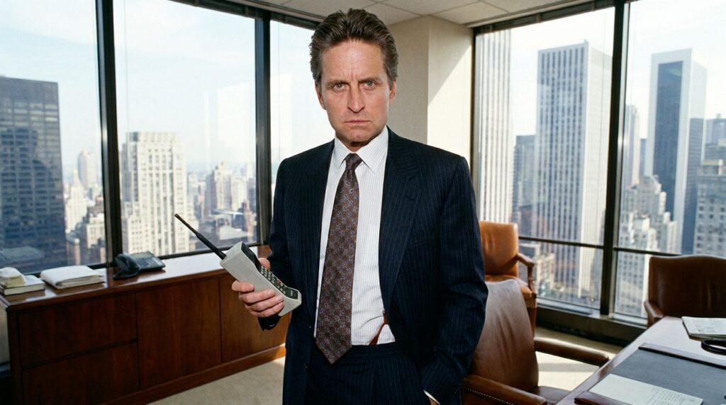 Michael Douglas in his iconic role as Gordon Gekko in Wall Street wearing a suit and looking stern perhaps holding a pho
