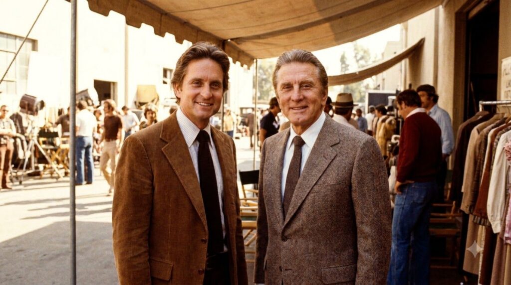 A vintage photograph of a young Michael Douglas standing next to his father Kirk Douglas both smiling possibly on a film