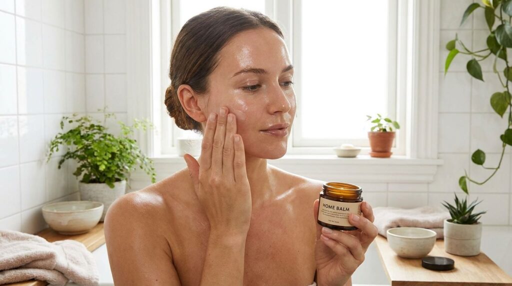A woman gently massaging a homemade balm onto her cheek showing soft glowing skin