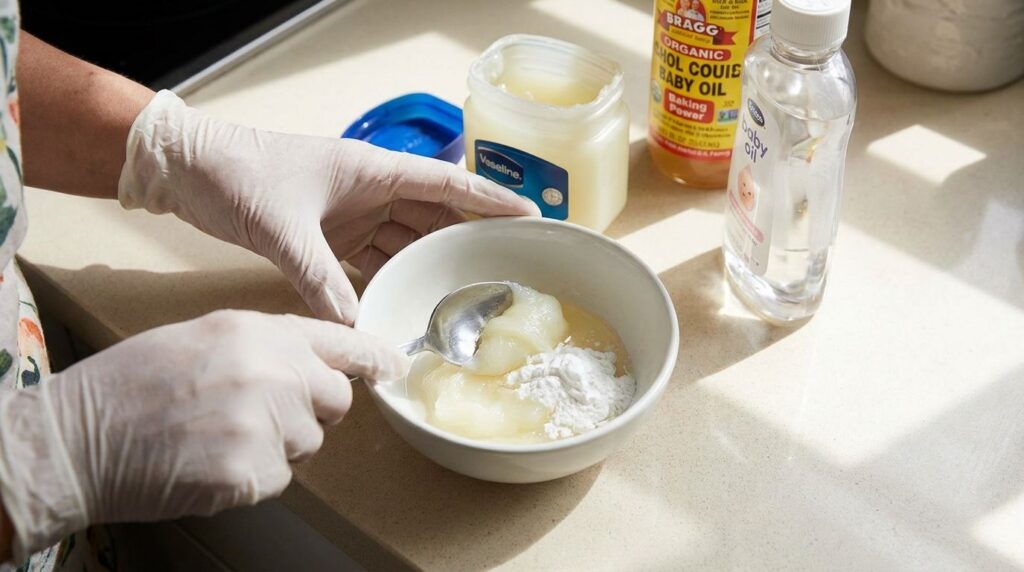 A person s hands mixing Vaseline baby oil and baking soda in a small white bowl with a spoon creating a creamy paste