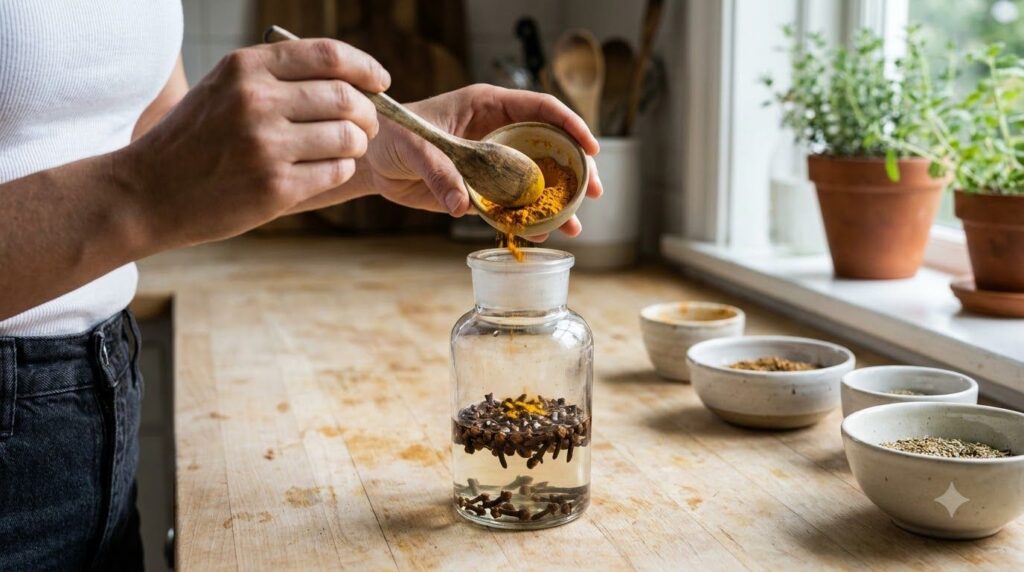 A small spoon adding turmeric powder into a glass jar with cloves and water for a DIY toner