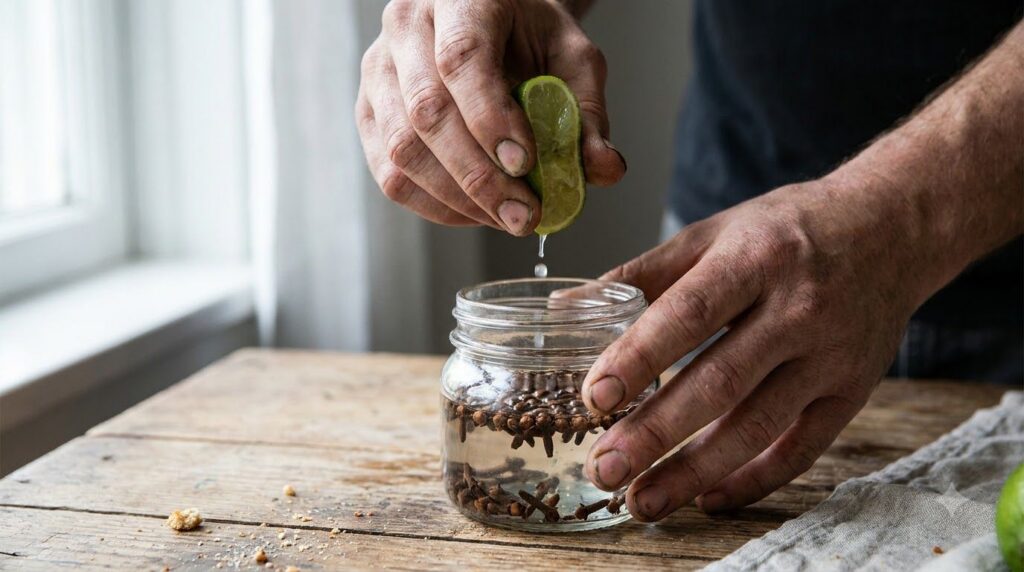 Hands squeezing fresh lime juice into a glass jar filled with cloves and water for a DIY toner