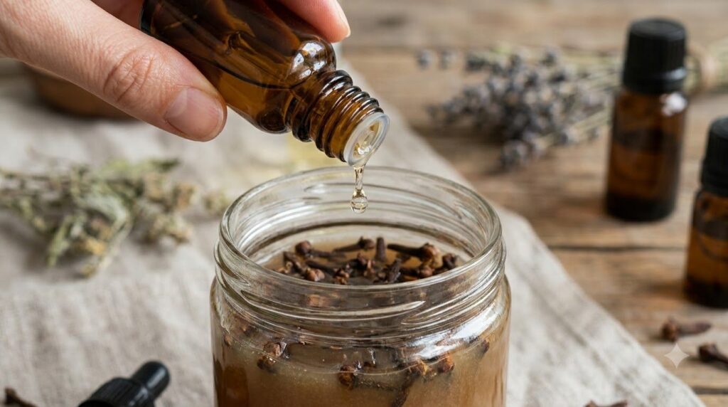 A dropper bottle adding a few drops of baby oil or almond oil into a clove toner mixture in a glass jar