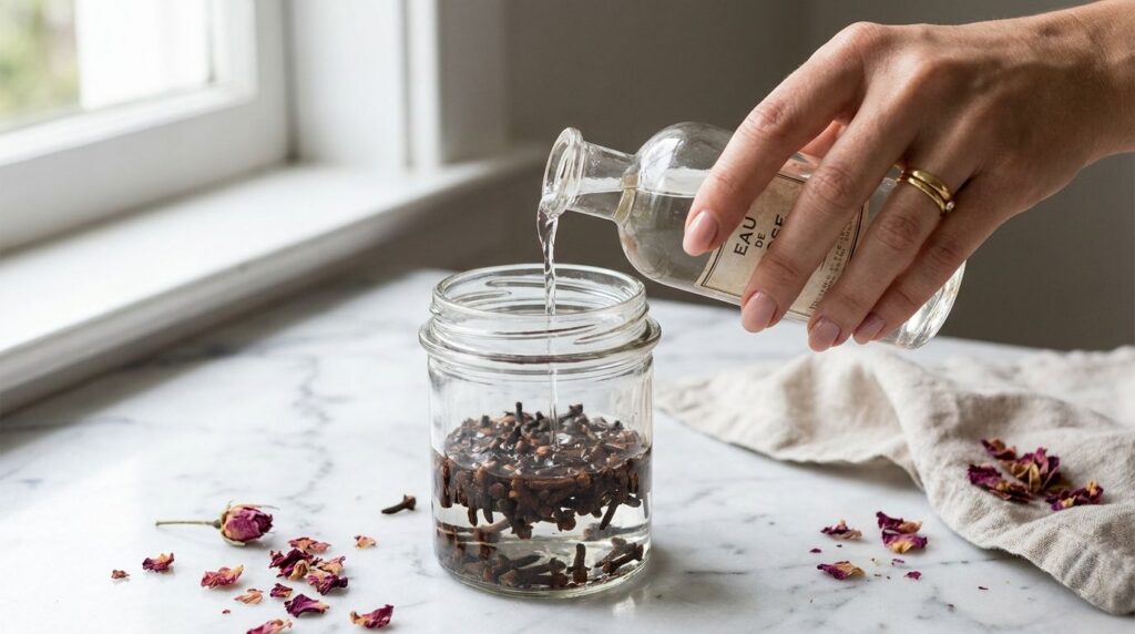 A woman s hand pouring rose water from a small bottle into a glass jar containing cloves and water for a toner