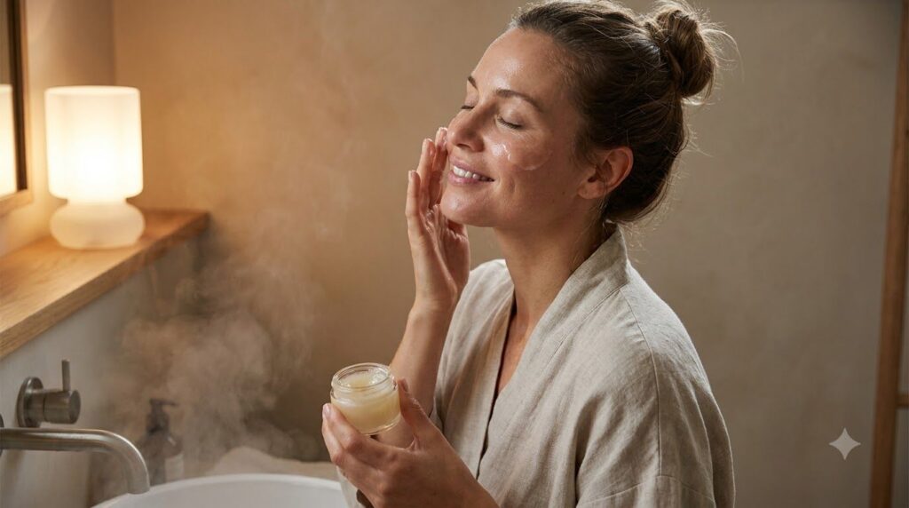 A woman gently applying warm melted Vaseline to her clean damp face as part of her evening skincare routine Her skin loo