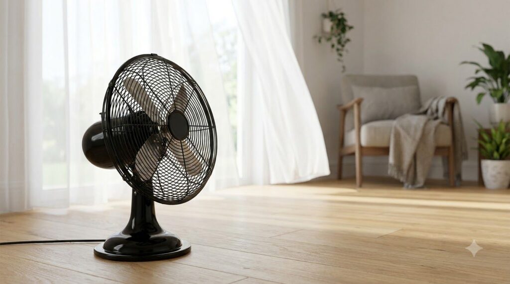 A clean reassembled electric fan in a bright tidy living room with a fresh breeze gently moving curtains