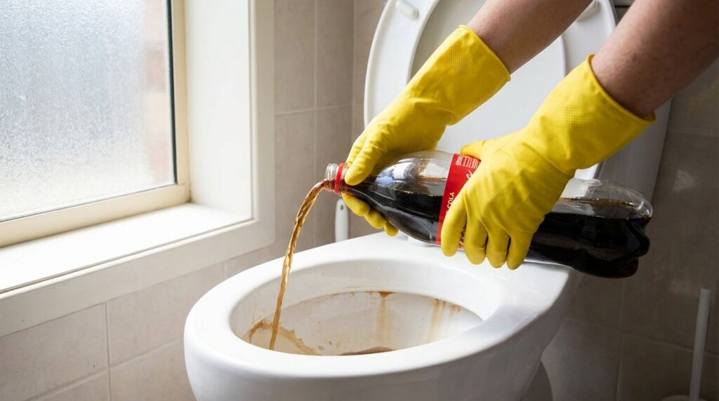 A person wearing yellow cleaning gloves is carefully pouring a dark cola drink into the toilet bowl aiming to cover the 