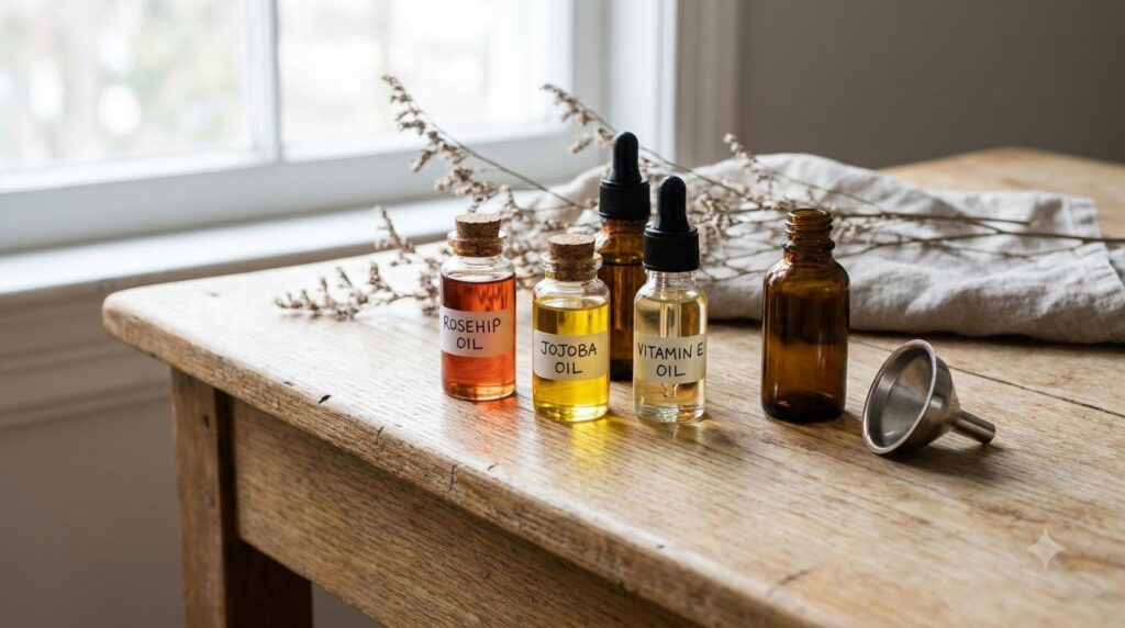 Various small bottles of natural oils like rosehip oil jojoba oil and a bottle of Vitamin E oil arranged neatly on a lig