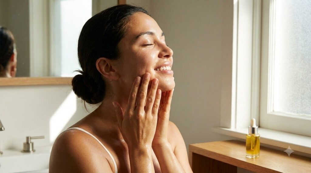A woman gently massaging a few drops of golden oil into her clean face and neck with a soft glowing complexion Her eyes 
