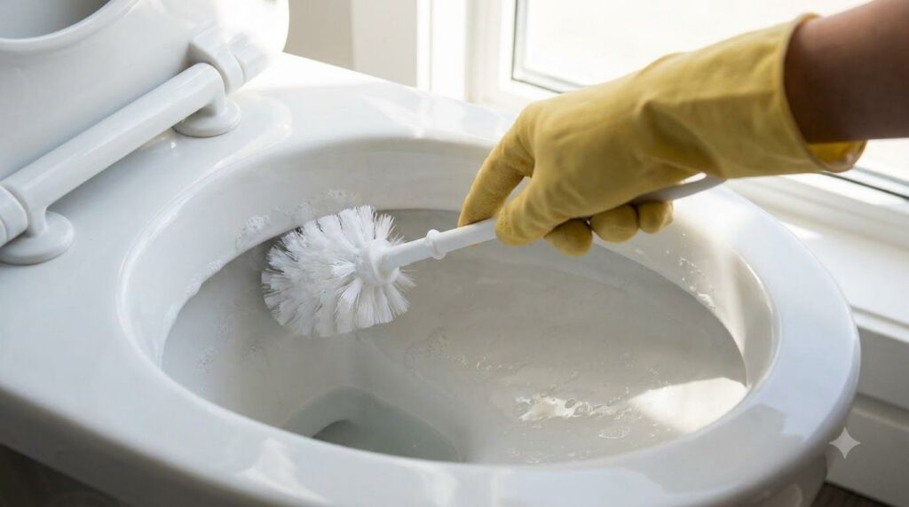 A person is scrubbing the inside of a toilet bowl with a white toilet brush The bowl looks clean and sparkling with a sl