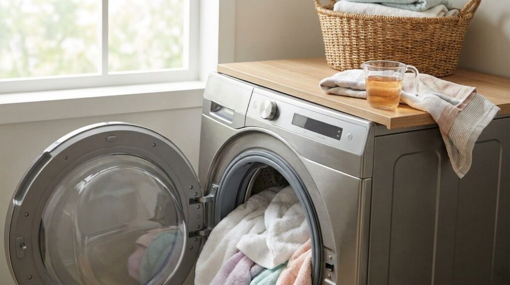 A washing machine drum with clean soft laundry being loaded A small measuring cup with the mixed solution is next to it