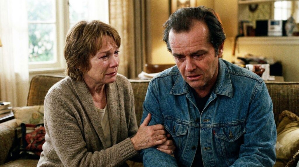 Shirley MacLaine and Jack Nicholson in a dramatic scene from the movie Terms of Endearment with MacLaine looking determi