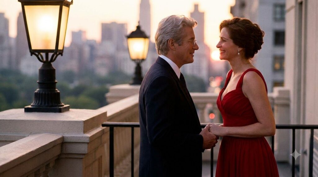 Richard Gere and Julia Roberts in an iconic scene from the movie Pretty Woman smiling and looking at each other