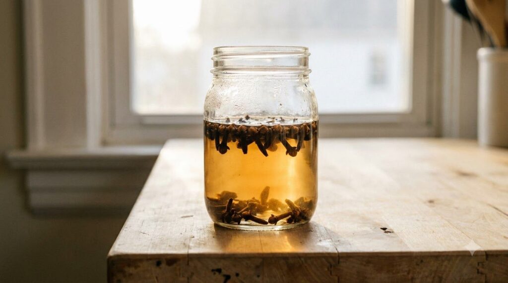 A close-up of a glass jar filled with whole cloves and water steeping on a kitchen counter with soft natural light