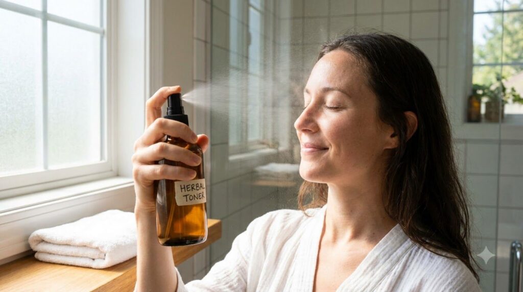 A woman gently spritzing a homemade toner onto her face eyes closed with a soft clean towel nearby in a bright bathroom 