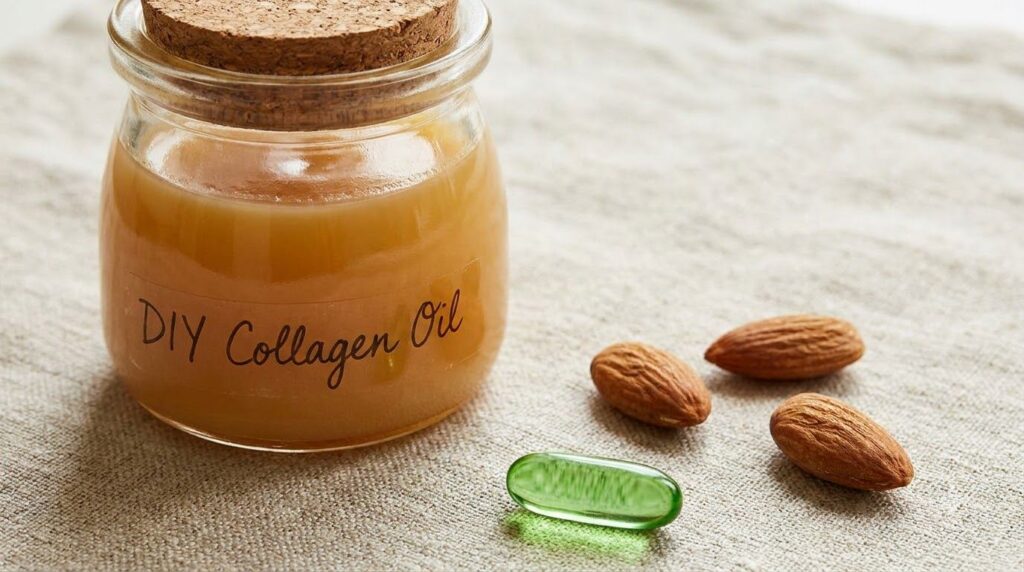 A small elegant jar of the finished DIY Collagen Oil balm with a smooth glossy surface accompanied by a few sweet almond