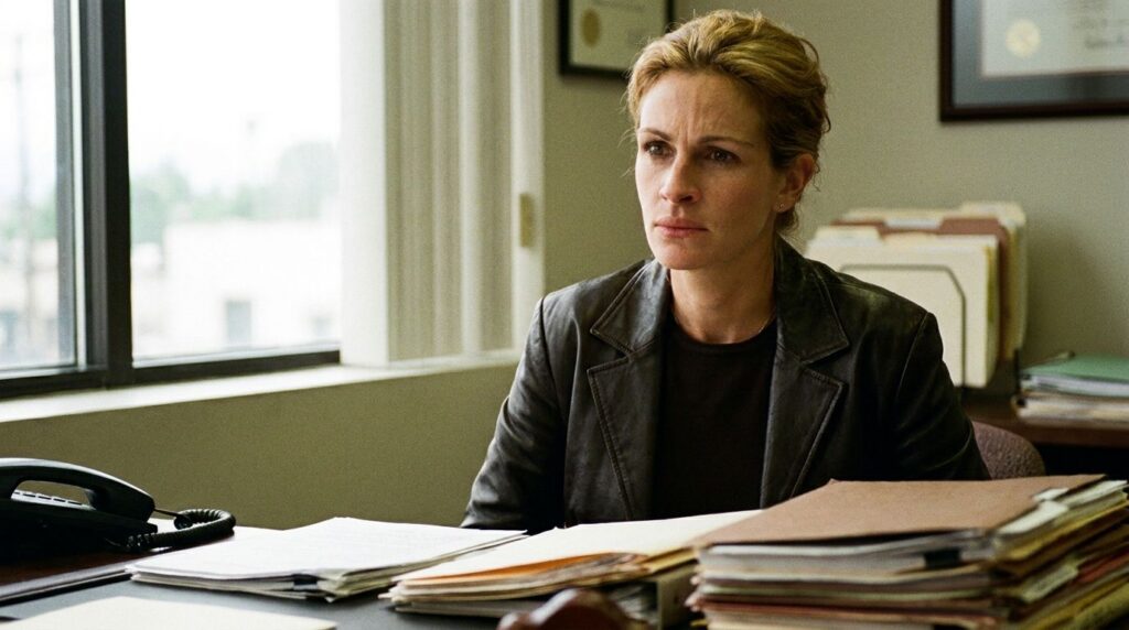 Julia Roberts as Erin Brockovich in a dramatic scene looking determined