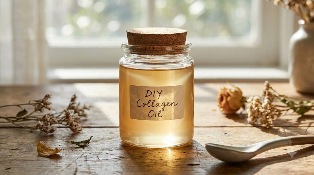 A small clear glass jar filled with the freshly mixed DIY Collagen Oil showing a smooth creamy texture The jar is placed