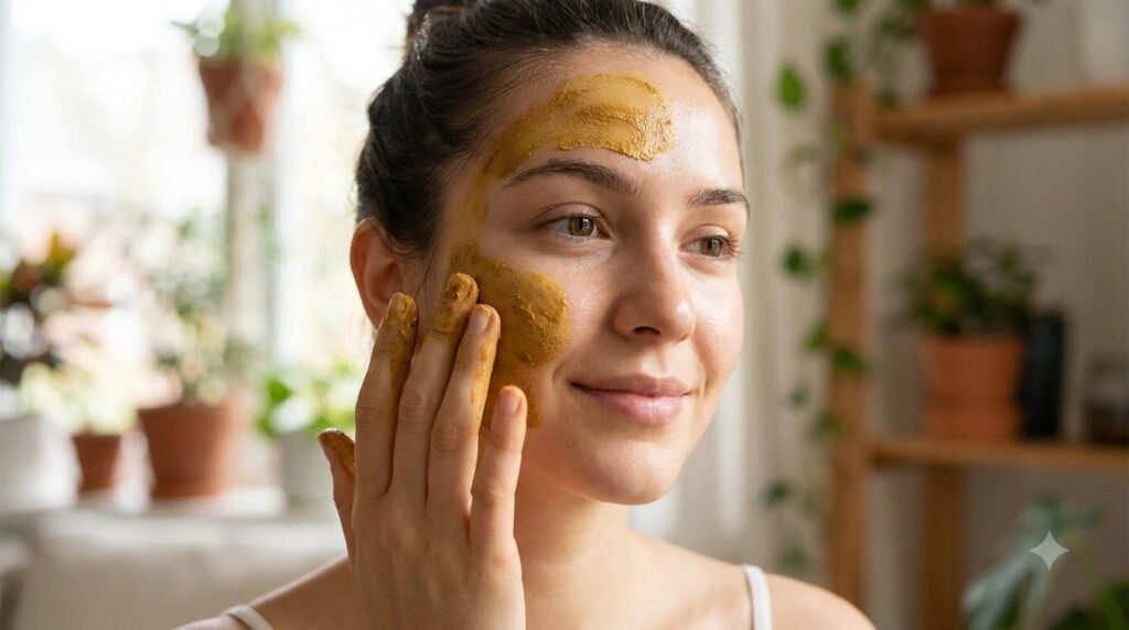 A woman gently applying a homemade yellow turmeric and Vaseline face mask to her clean radiant face She has a serene exp