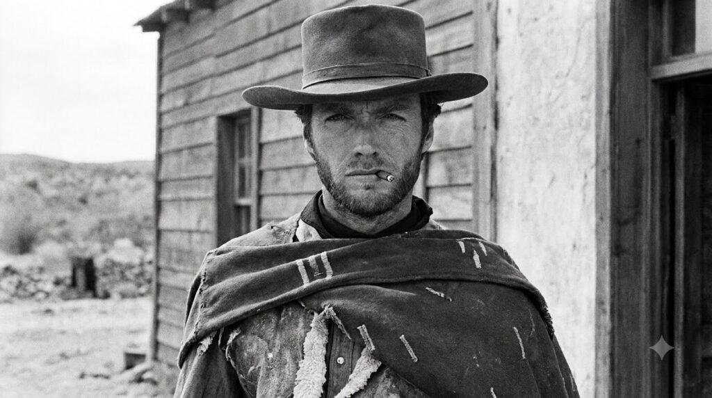 A classic black and white portrait of Clint Eastwood as the Man with No Name wearing a poncho and a hat with a stoic exp