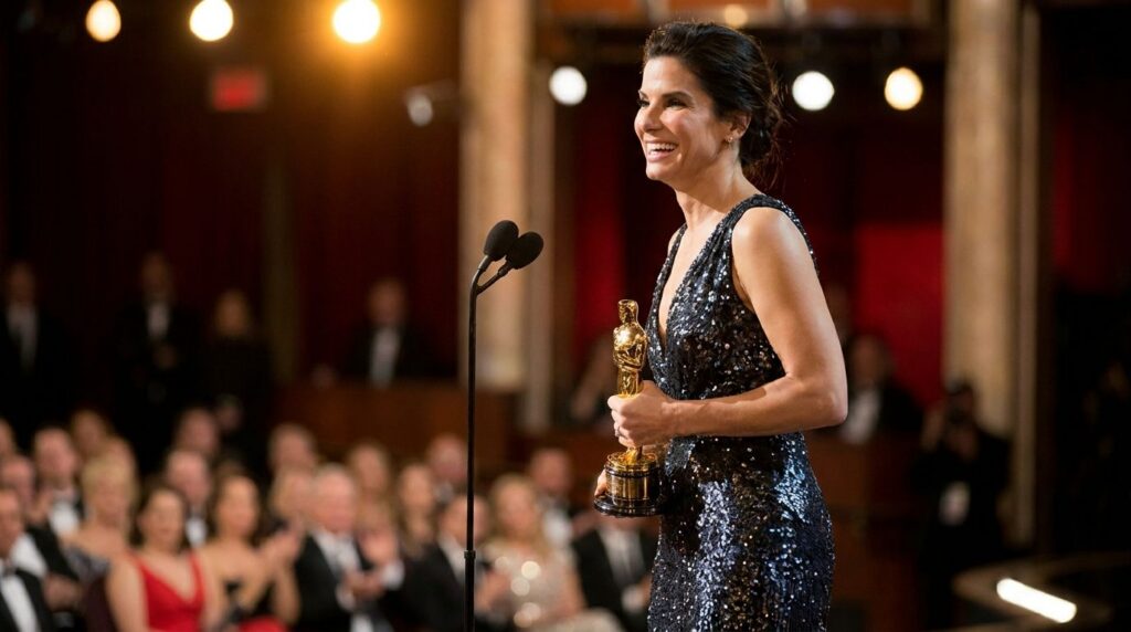 Sandra Bullock holding an Academy Award likely from her win for The Blind Side