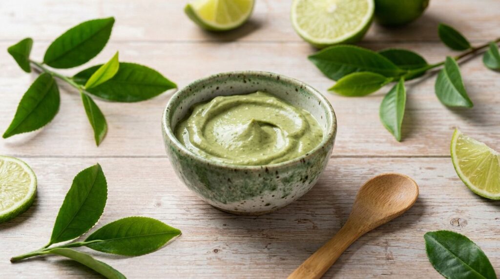 A bowl with a homemade green tea and lime mask mixture with fresh green tea leaves and sliced limes visible nearby on a 
