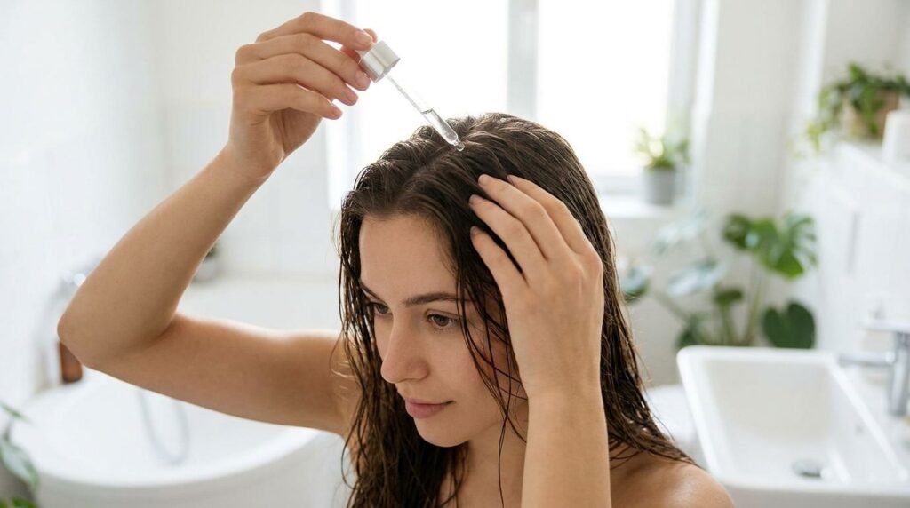 A woman gently massaging red onion hair rinse into her scalp while her hair is wet looking relaxed and focused The backg