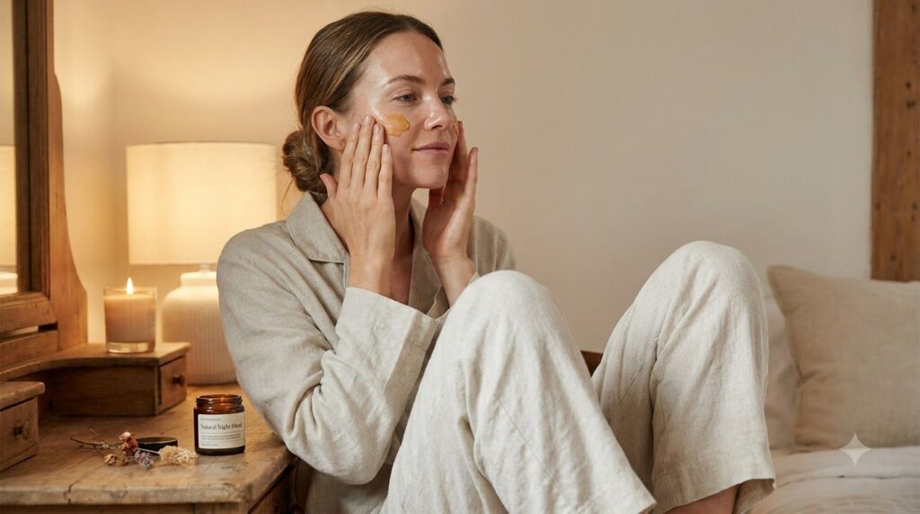 A woman gently applying a homemade night blend to her clean face before bed with soft warm lighting in a bedroom setting