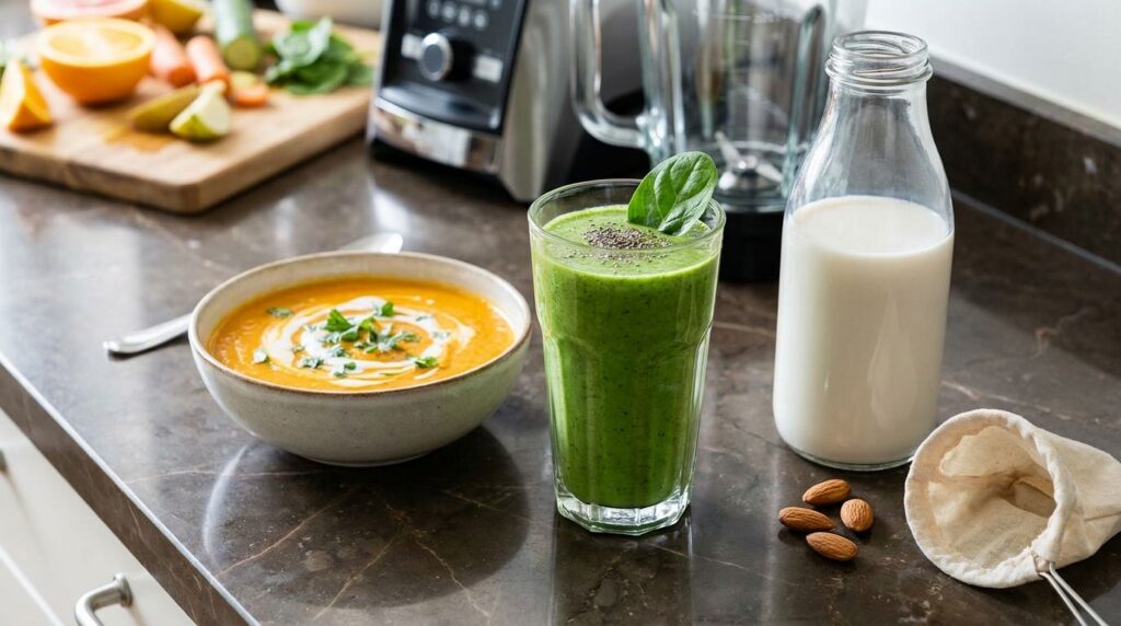 A variety of colorful blended vegan dishes such as a vibrant green smoothie a creamy orange soup and a light-colored nut
