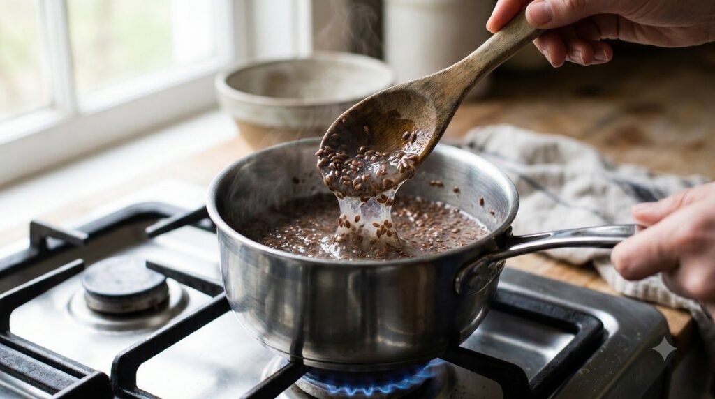 A close-up of a small saucepan on a stovetop filled with simmering flaxseeds and water with a wooden spoon stirring the 